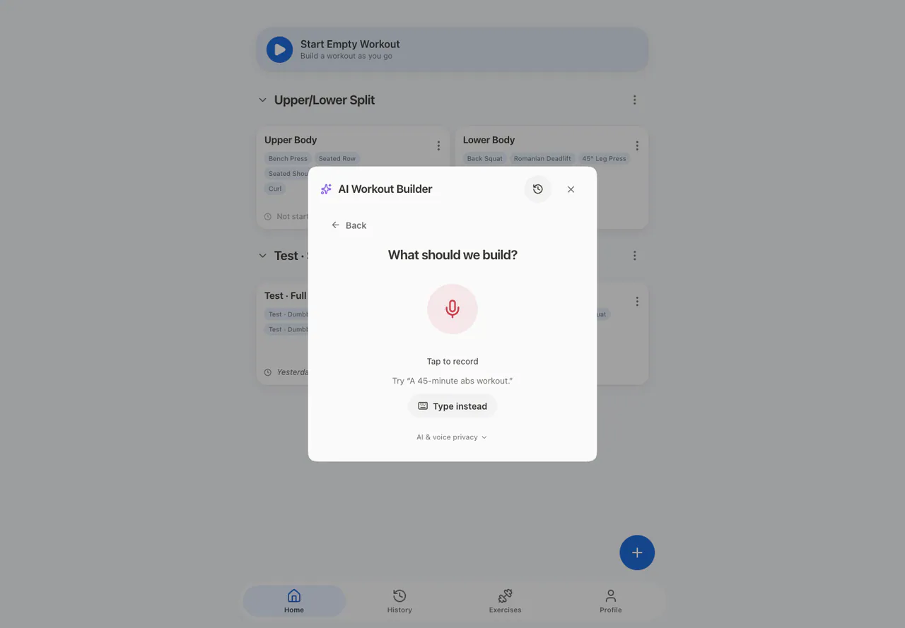 Describe your workout with voice in the Web app, light appearance