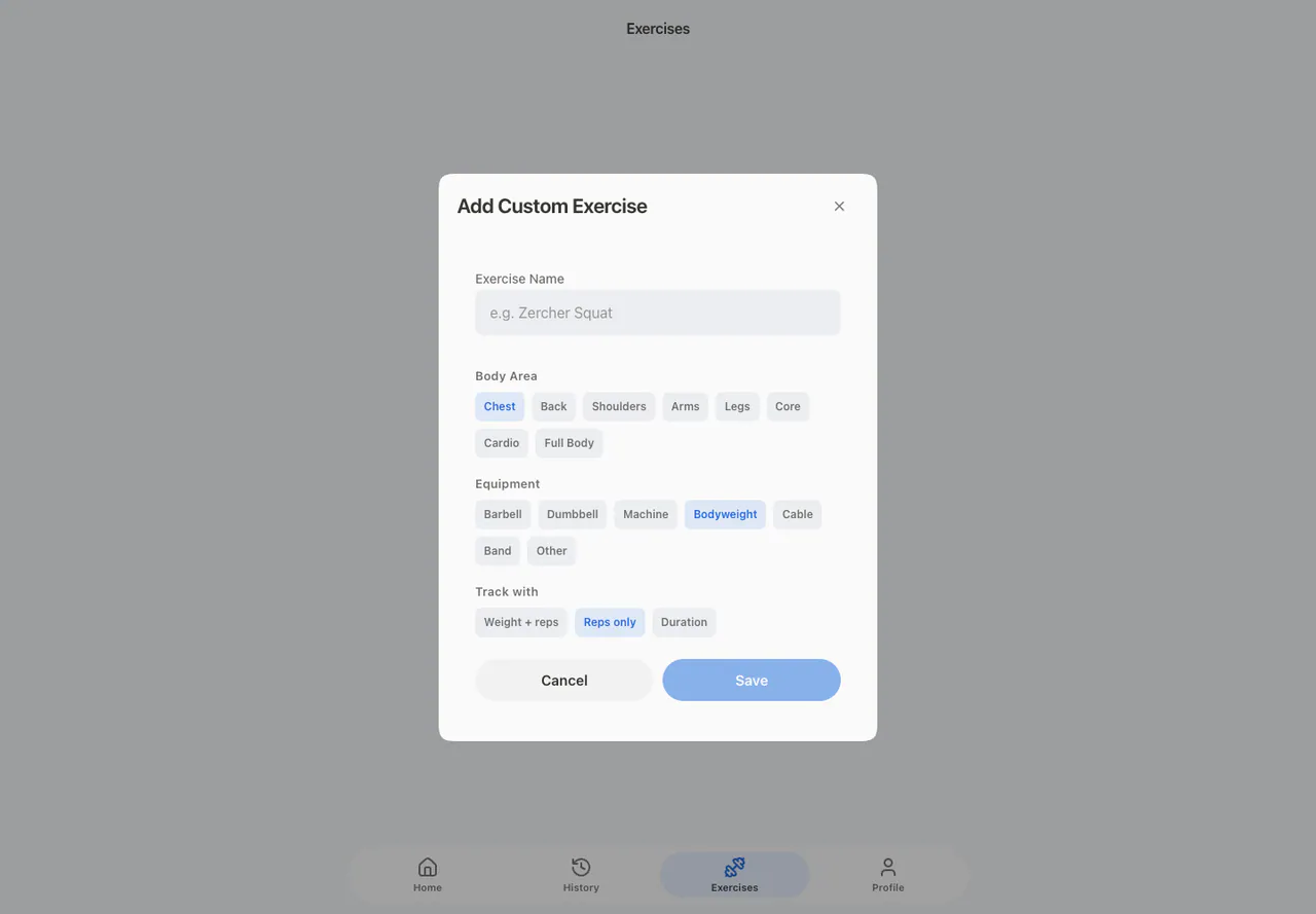 Add Custom Exercise Modal in the Web app, light appearance
