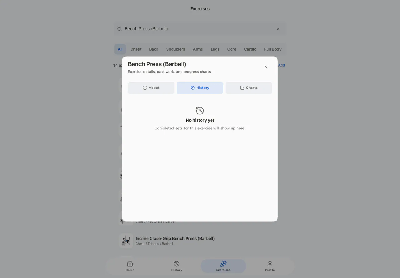 Exercise History in the Web app, light appearance