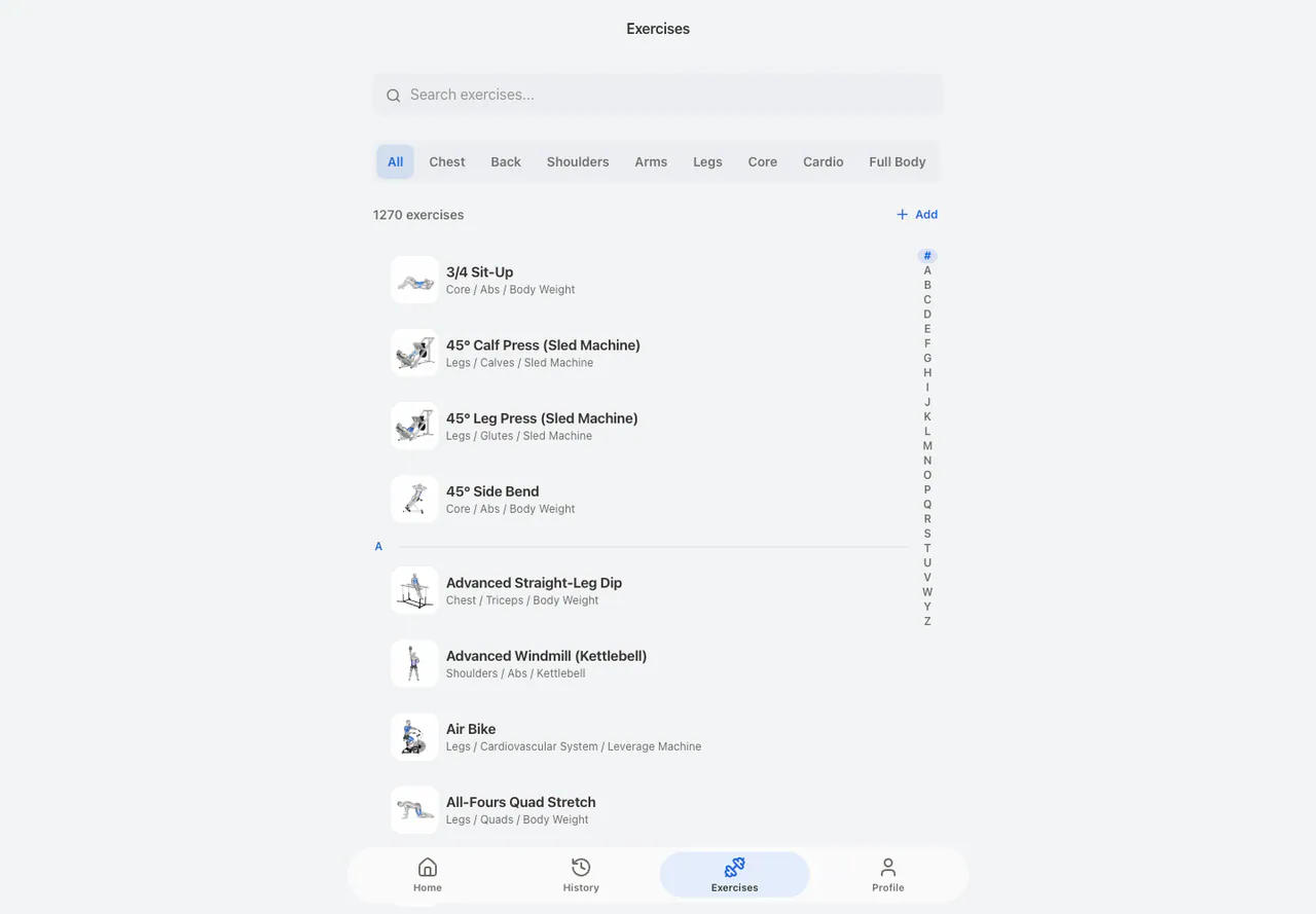 Exercise Library in the Web app, light appearance
