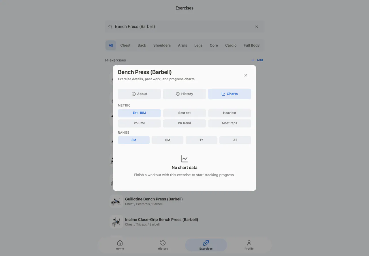 Exercise Progress in the Web app, light appearance