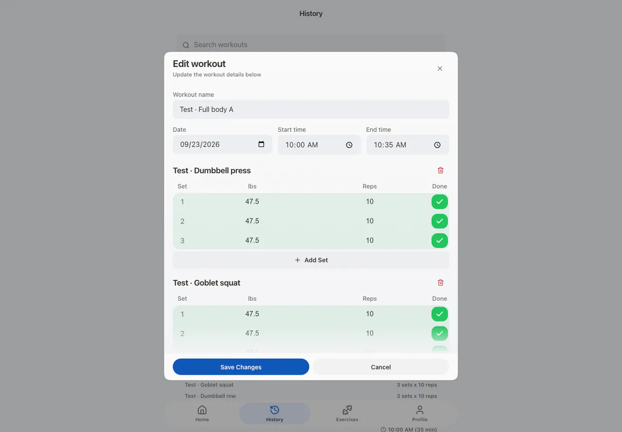 Edit Workout Modal in the Web app, light appearance