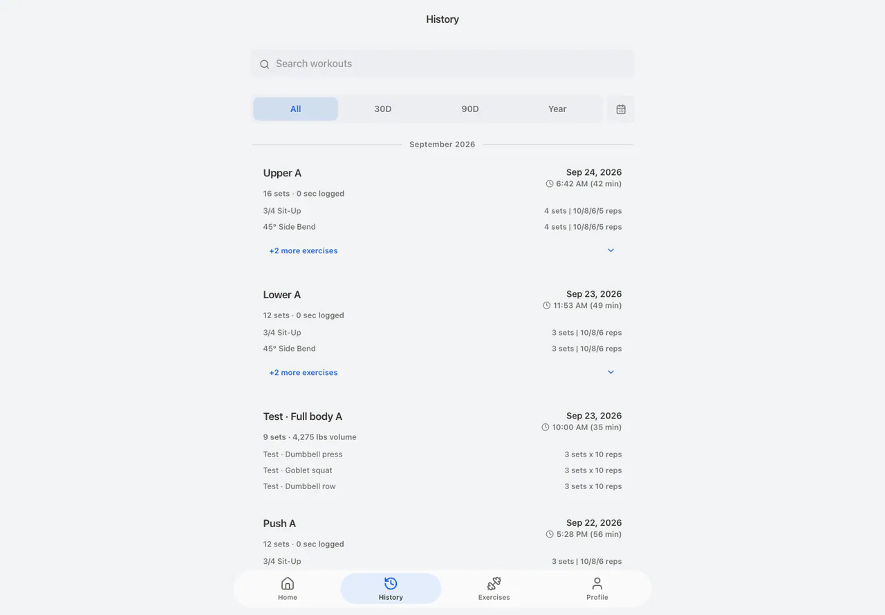 History List in the Web app, light appearance