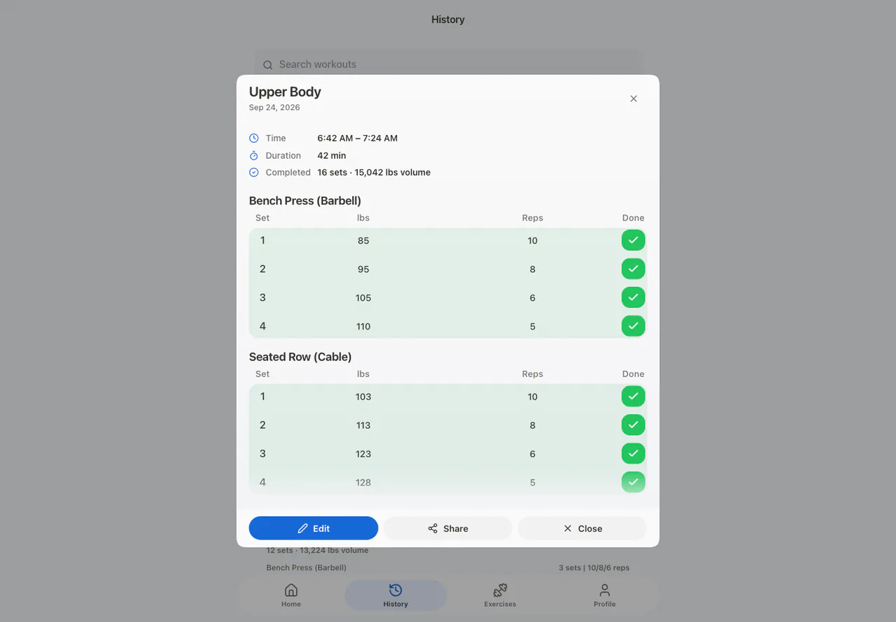 Completed workout preview in the Web app, light appearance
