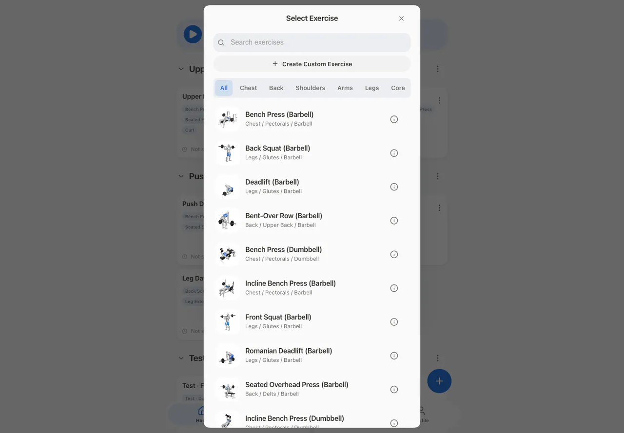 Routine Exercise Picker in the Web app, light appearance
