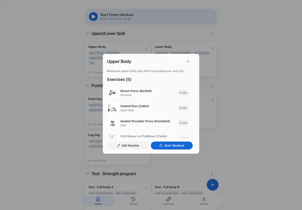 Routine preview in the Web app, light appearance