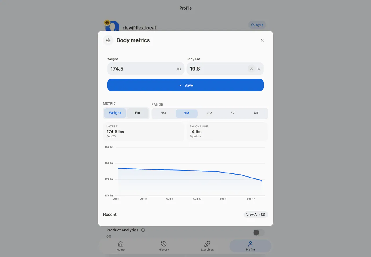 Body Metrics Modal in the Web app, light appearance