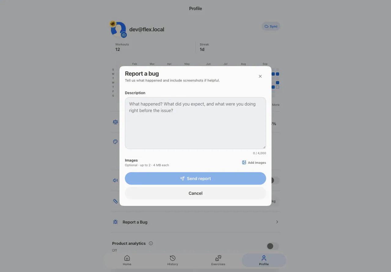 Bug Report Modal in the Web app, light appearance