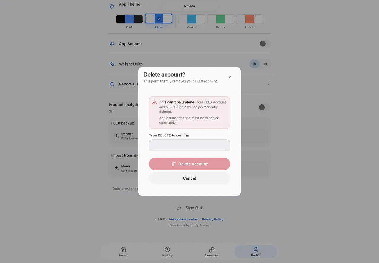Delete Account Modal in the Web app, light appearance