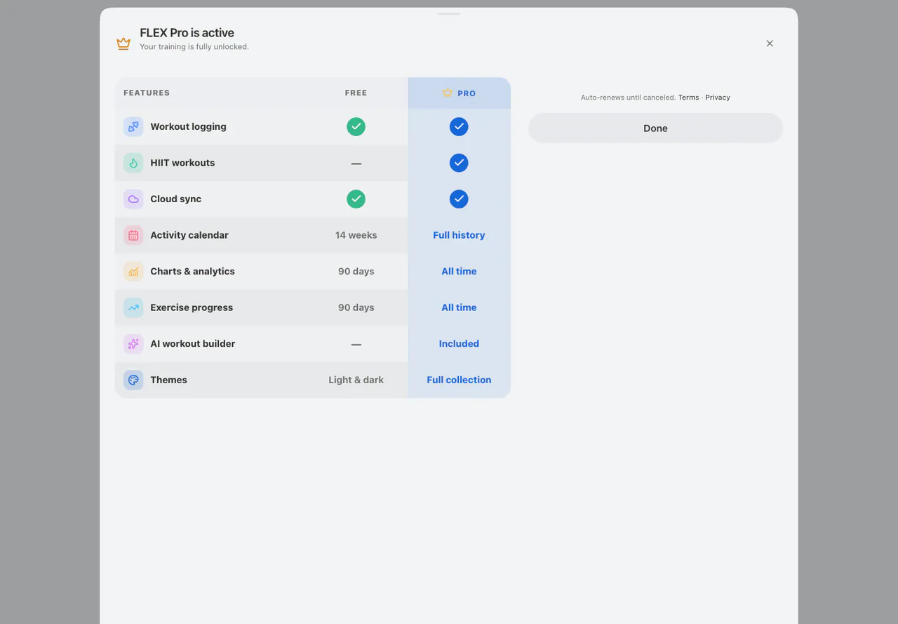 FLEX Pro active membership in the Web app, light appearance
