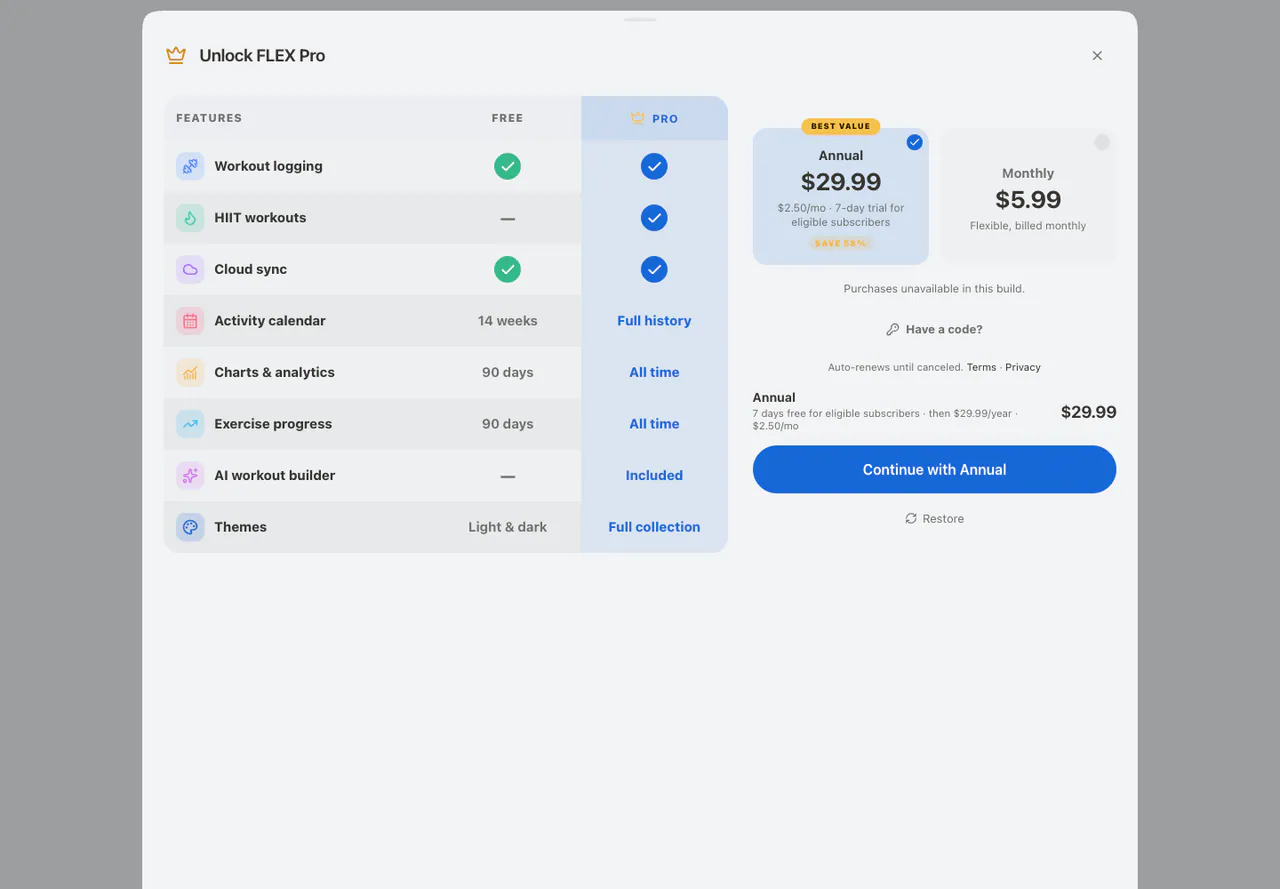 FLEX Pro upgrade in the Web app, light appearance