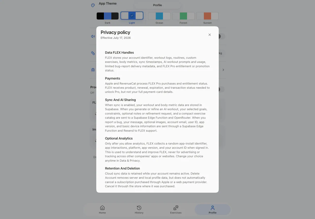 Privacy Policy Modal in the Web app, light appearance
