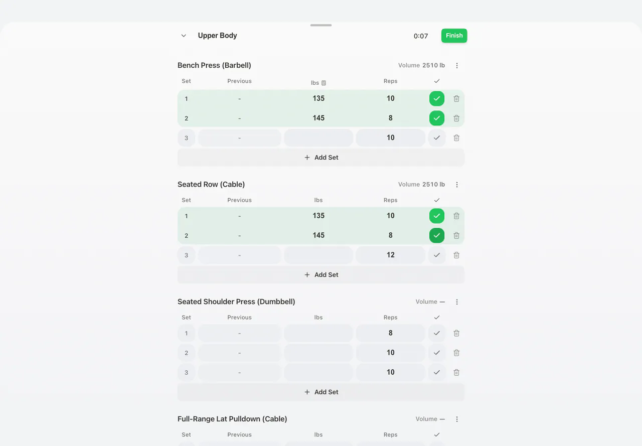 Completed sets in Active Workout in the Web app, light appearance