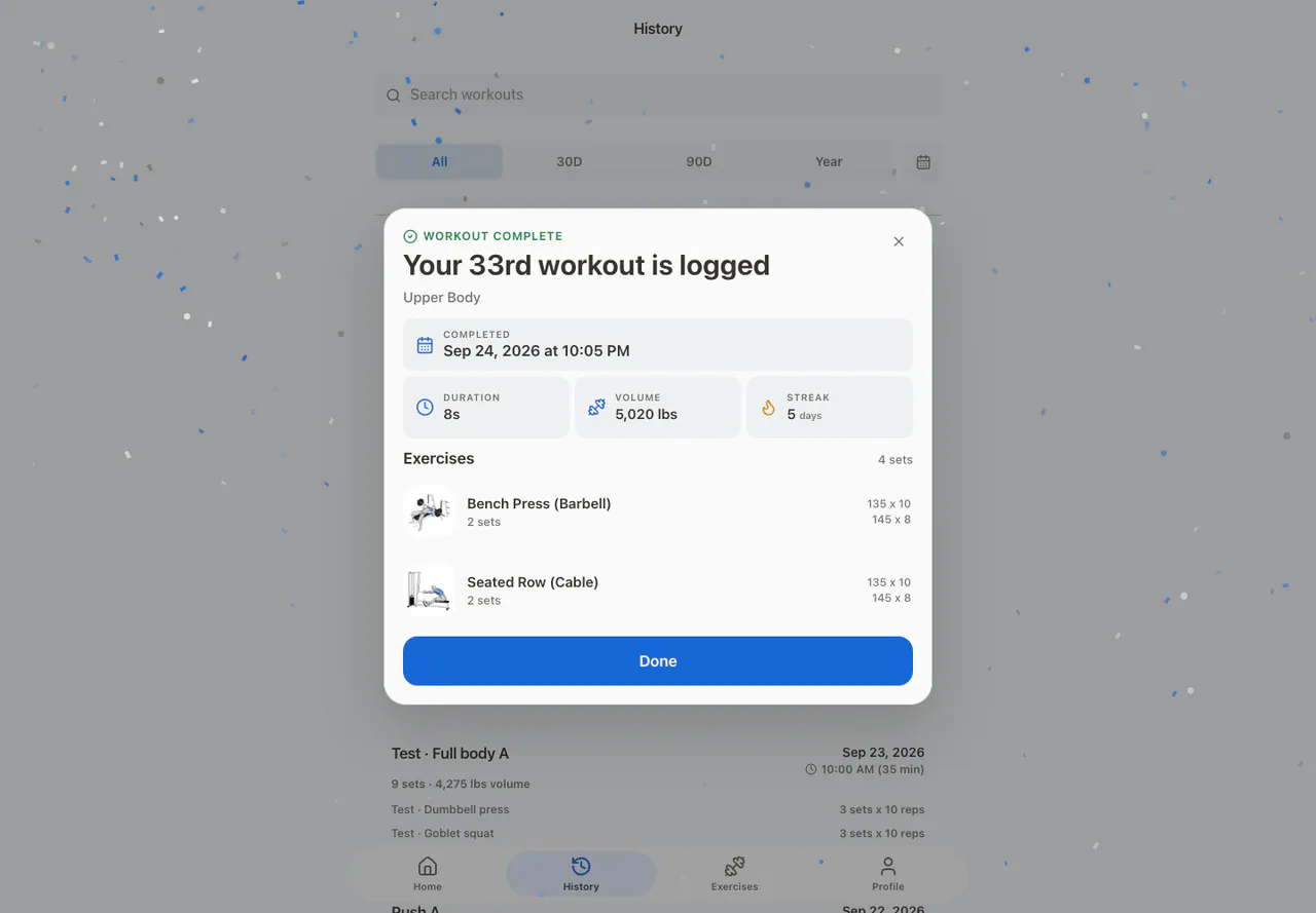 Workout completion summary in the Web app, light appearance