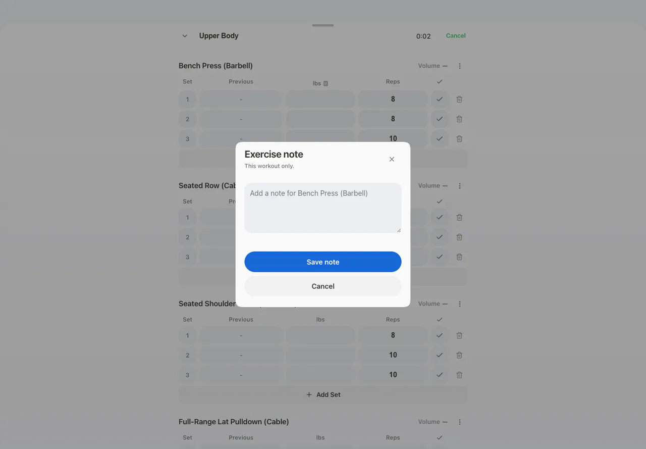 Exercise Note Modal in the Web app, light appearance