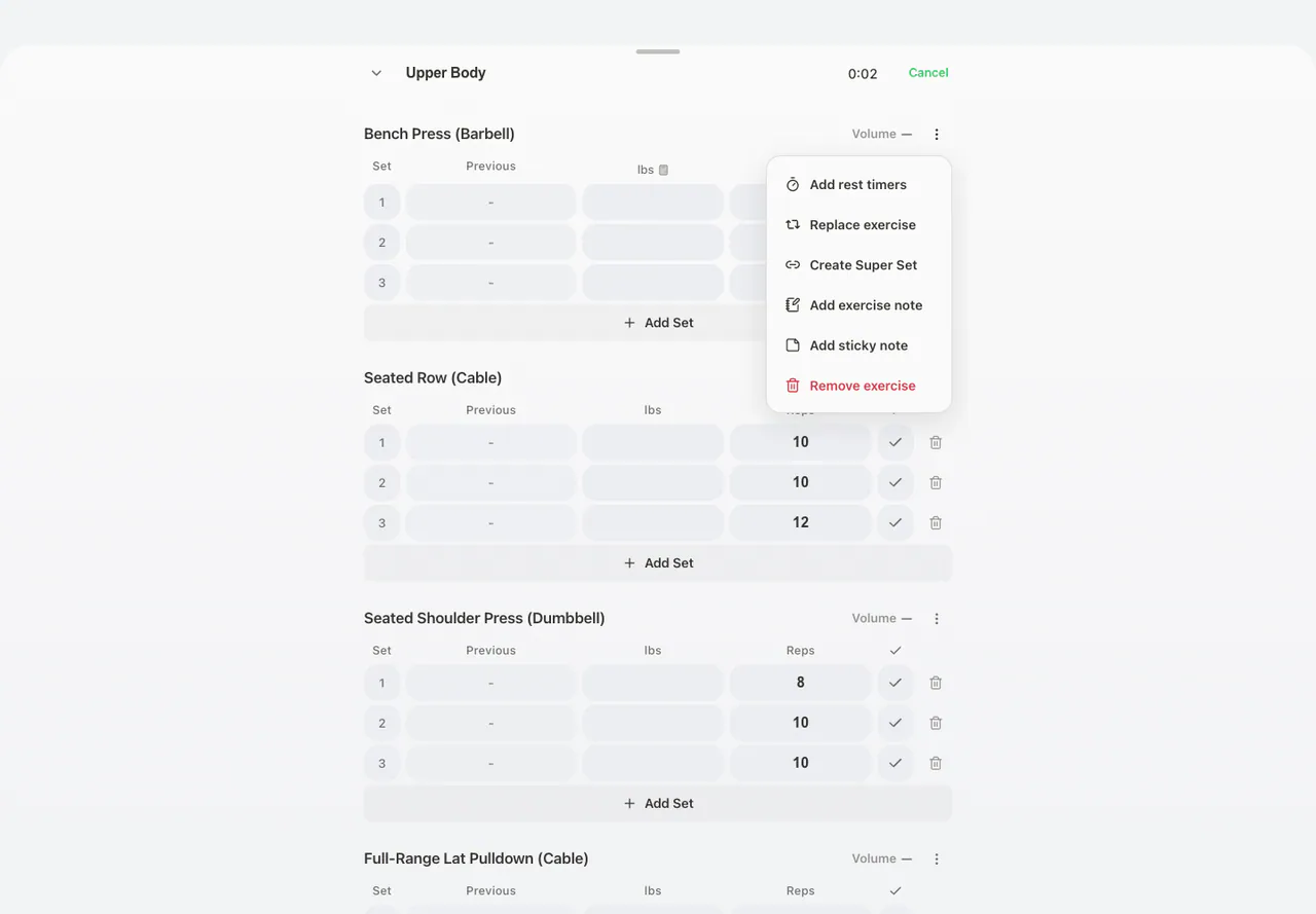 Exercise Options Menu in the Web app, light appearance