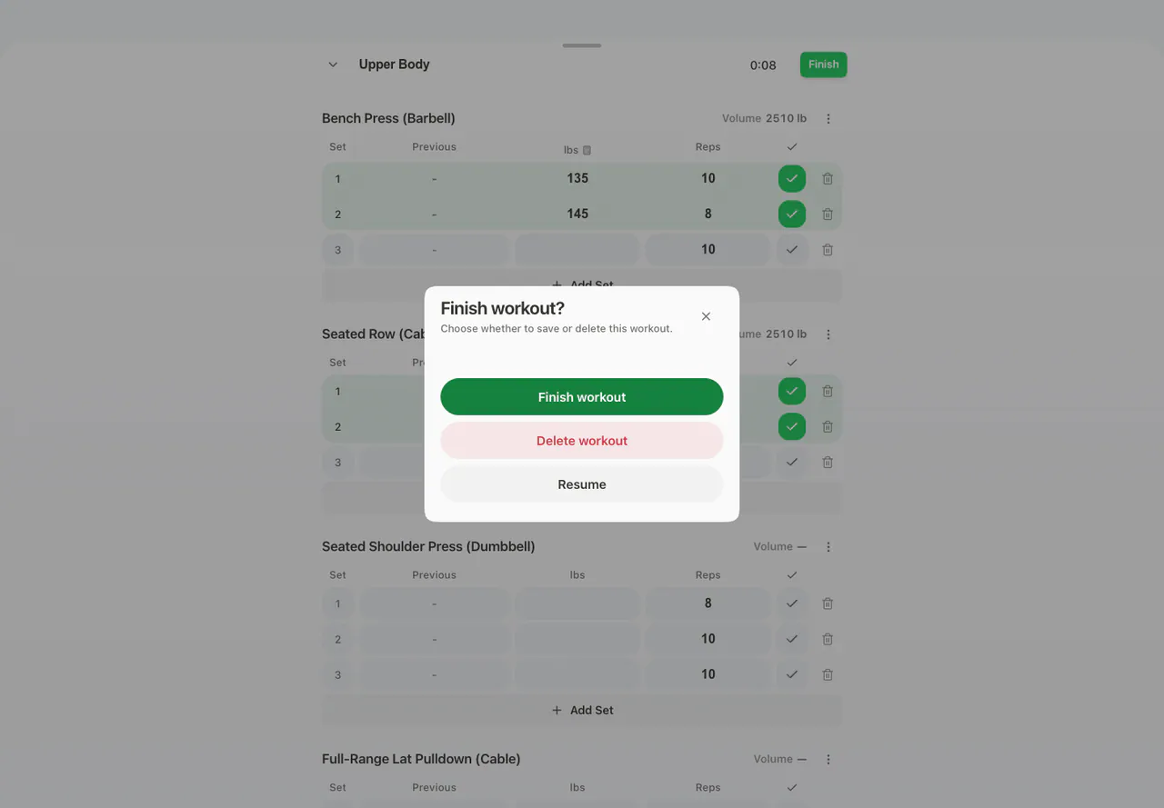 Finish Workout Confirmation in the Web app, light appearance