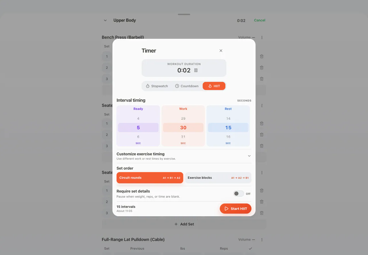 HIIT setup in the Web app, light appearance