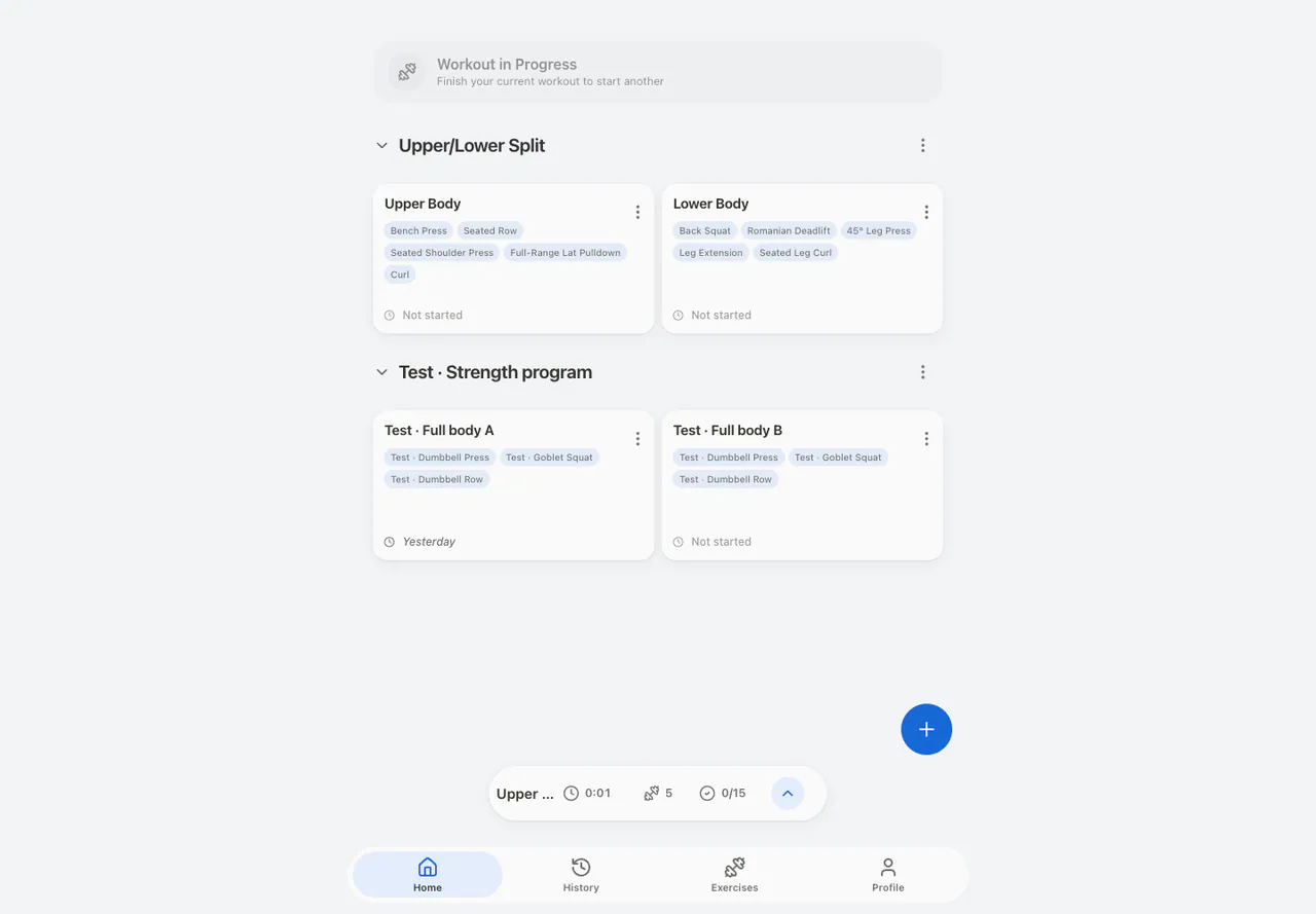 Minimized Workout in the Web app, light appearance