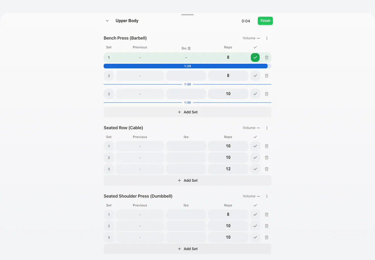 Running rest timer in the Web app, light appearance